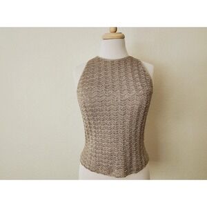 Carmen Marc Valvo Taupe Beaded Sleeveless Top Crochet Blouse Elegant Cocktail S